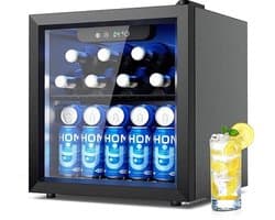Joorly Mini Koelkast - Minibar - Drankkoelkast met glazen deur - Minibar voor 55 blikjes - met LED en temperatuurregeling - Wijn en bier koelkast - 43×41×47 cm - Zwart- RVS