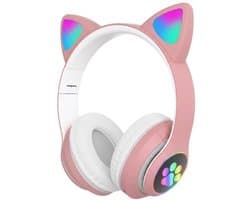 Kinder Hoofdtelefoon-Draadloze Koptelefoon-Kids Headset-Over Ear-Bluetooth-Microfoon-Katten Oortjes-Led Verlichting-LILA