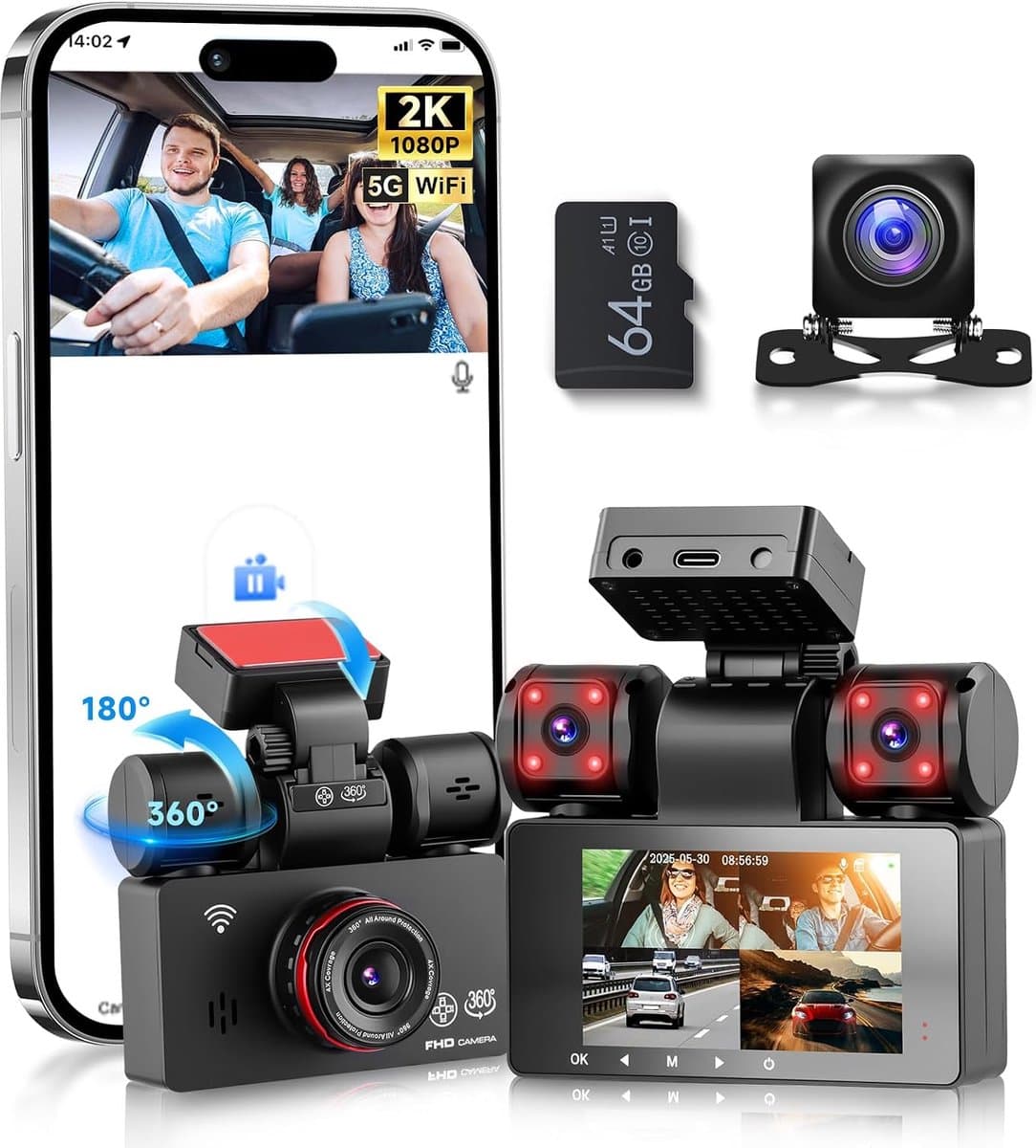 SnelShoppen - Dashcam 4*1080P met Wifi, 2K Auto Camera, 3-inch IPS Scherm, 24-Uur Parkeerbewaking, Nachtzicht, G-Sensor, 360-Graden Bescherming, Inclu — afbeelding 1