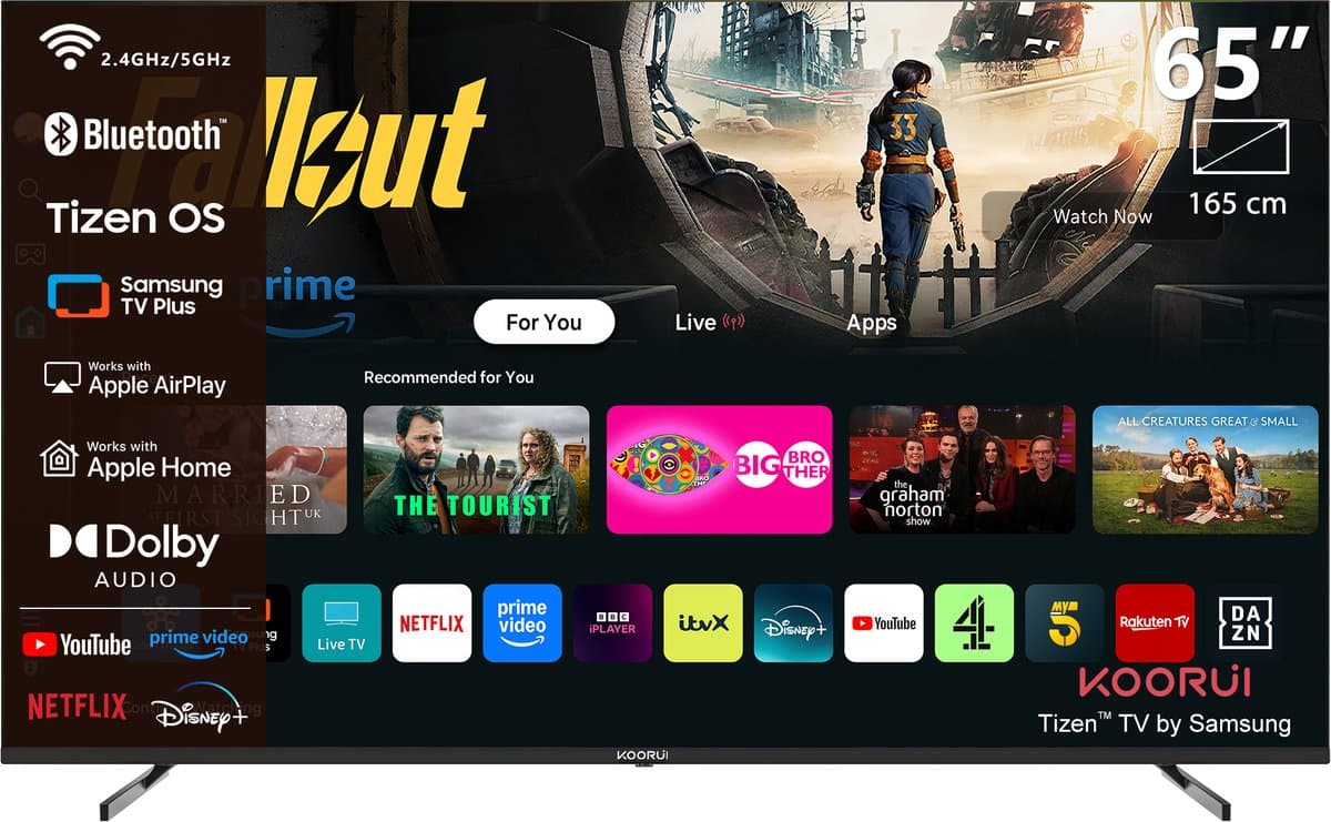 KOORUI K65N3UQ-T8 65 inch 4K UHD QLED smart tv met Tizen OS, randloos ontwerp, Dolby Audio, premium metalen afwerking, gemonteerd in Nederland — afbeelding 1