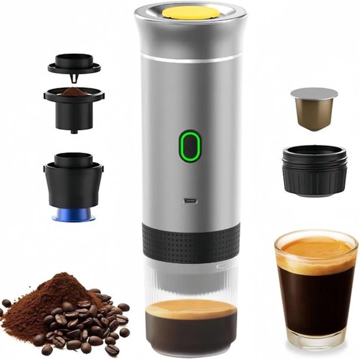 Draagbaar koffiezetapparaat, 3-in-1 elektrisch koffiezetapparaat, geschikt voor koffiecapsules en gemalen koffie, ondersteunt koud zetten en verwarmen (zilver). — afbeelding 1