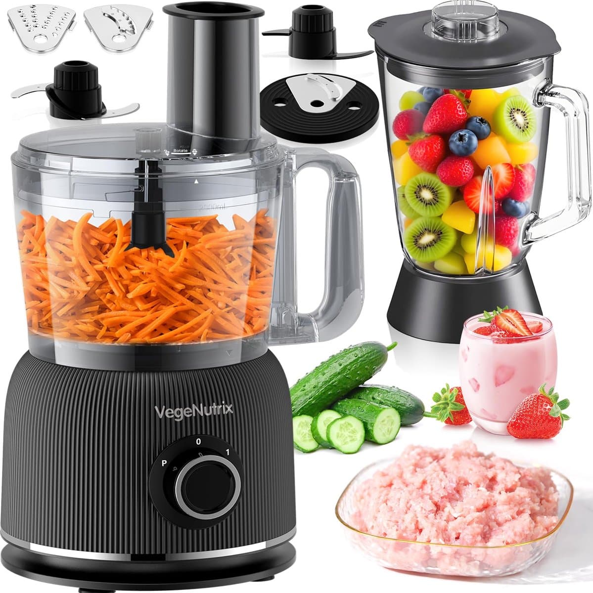 SnelShoppen - 1500 W Keukenmachine & Mixercombinatie met 2,5L Hakmolen voor Vlees, Groenten & Deeg, 2L Blender met Glas, 2 Snelheden & Pulsfunctie voo — afbeelding 1