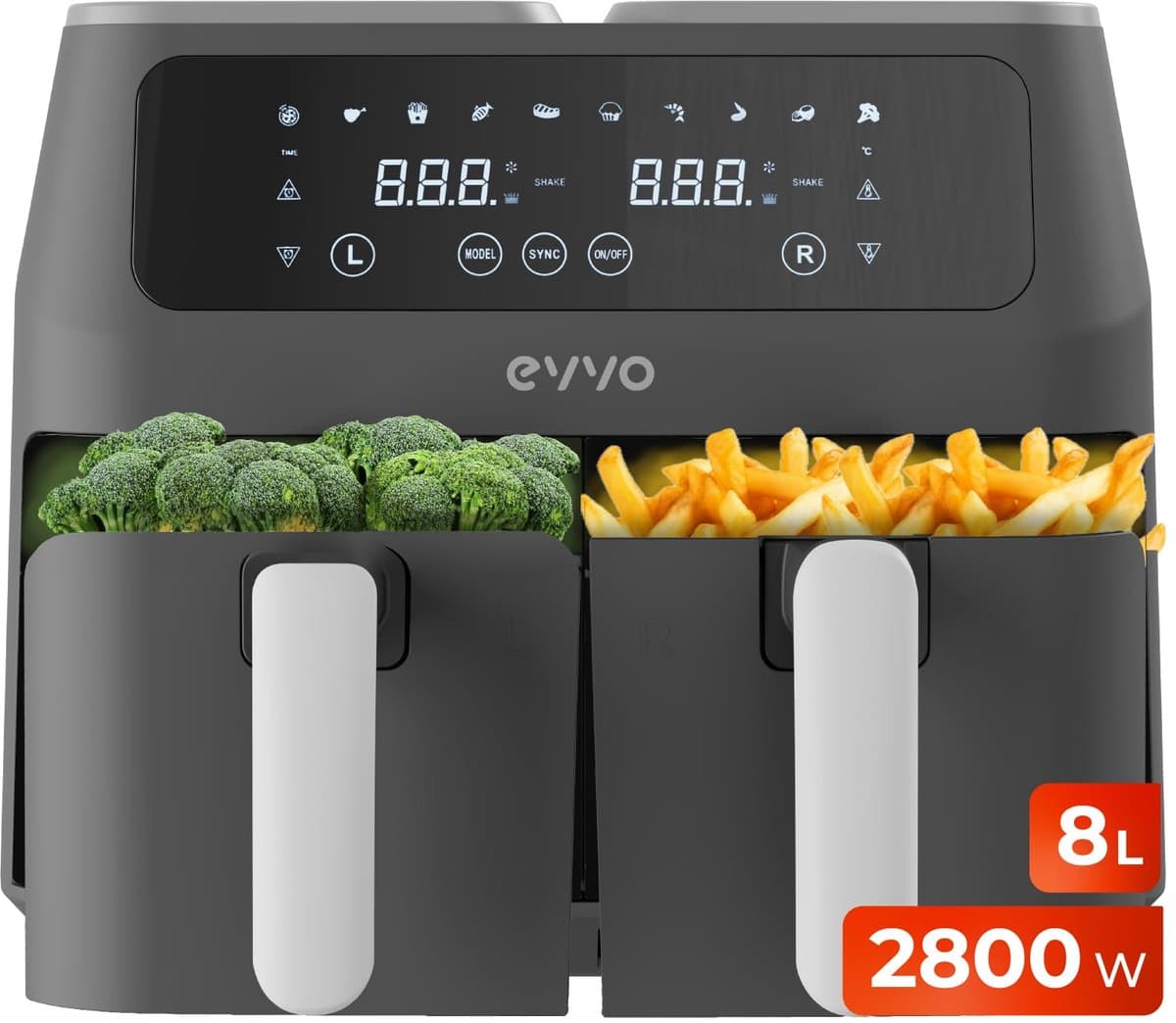 SnelShoppen - Luchtfriteuse zonder olie 8L, 2800W, dubbele mand, anti-aanbak, dual-cyclone, 10 programma's, bakken, ontdooien, tot 200°C, zwart, ideaa — afbeelding 1