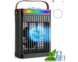 Luchtkoeler - Draagbare airconditioner - Met handvat Persoonlijke Koeler - Watertank van 680 ml - Met 5 ventilatorsnelheden en 2 nevelstanden en 7 kleuren Sfeerverlichting - Met 2/4/6 uur timer - Voor slaapkamer en kantoor - Zwart