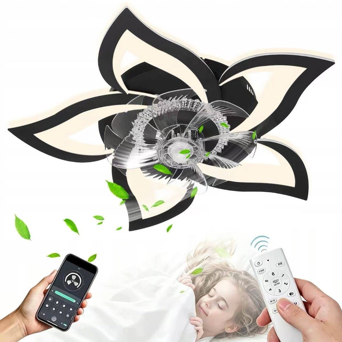 Slimme Plafondventilator met LED Lamp - 50W Energiezuinige Plafondlamp - Lotusvorm- Bediening via Afstandsbediening én App - Met Instelbare Windsnelheden-Zwart — afbeelding 1
