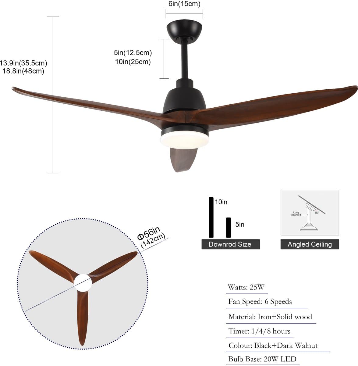 FloraGrace Ventilator - 142 cm - Met Verlichting En Afstandsbediening - Metaal En Hout - Zwart En Donker Walnoot - Voor Woonkamer En Slaapkamer — afbeelding 1