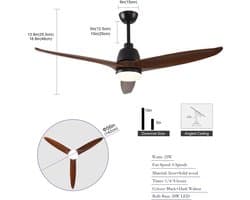 FloraGrace Ventilator - 142 cm - Met Verlichting En Afstandsbediening - Metaal En Hout - Zwart En Donker Walnoot - Voor Woonkamer En Slaapkamer