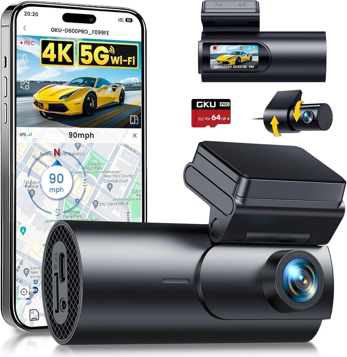 Dashcam Voor en Achter – 4K + 1080P – GPS & 5GHz WiFi – Nachtzicht – Inclusief 64GB SD-Kaart — afbeelding 1