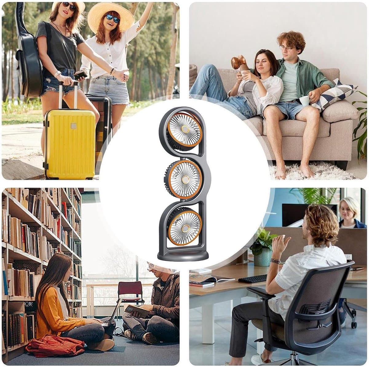 Ulisem - Ventilator - Drie Koppen - Onafhankelijke Besturing Per Kop - 360° Handmatig Verstelbaar - USB Oplaadbaar - Draagbaar Stil - Met Nachtlampje - Voor Slaapkamer Studentenkantoor Reizen Kamperen Strand Vakantie - Grijs — afbeelding 1