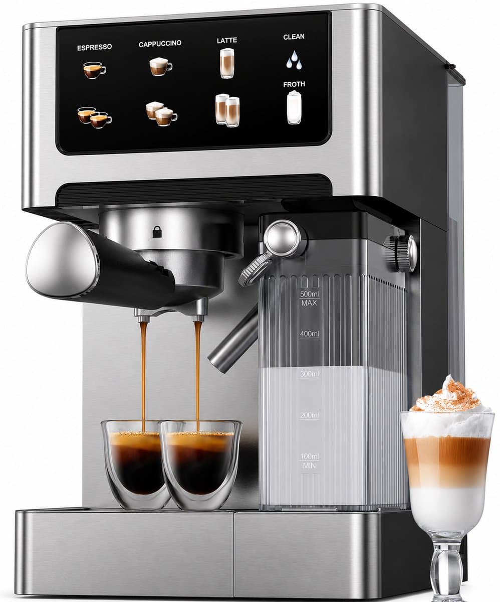 Espressomachine 20 Bar – Cappuccino & Latte Machine - Dubbelboiler Koffiemachine (1350W & 1000W), Extractie in 15s, Roestvrij Staal - Afneembaar Waterreservoir 1,8L - Touchscreen — afbeelding 1