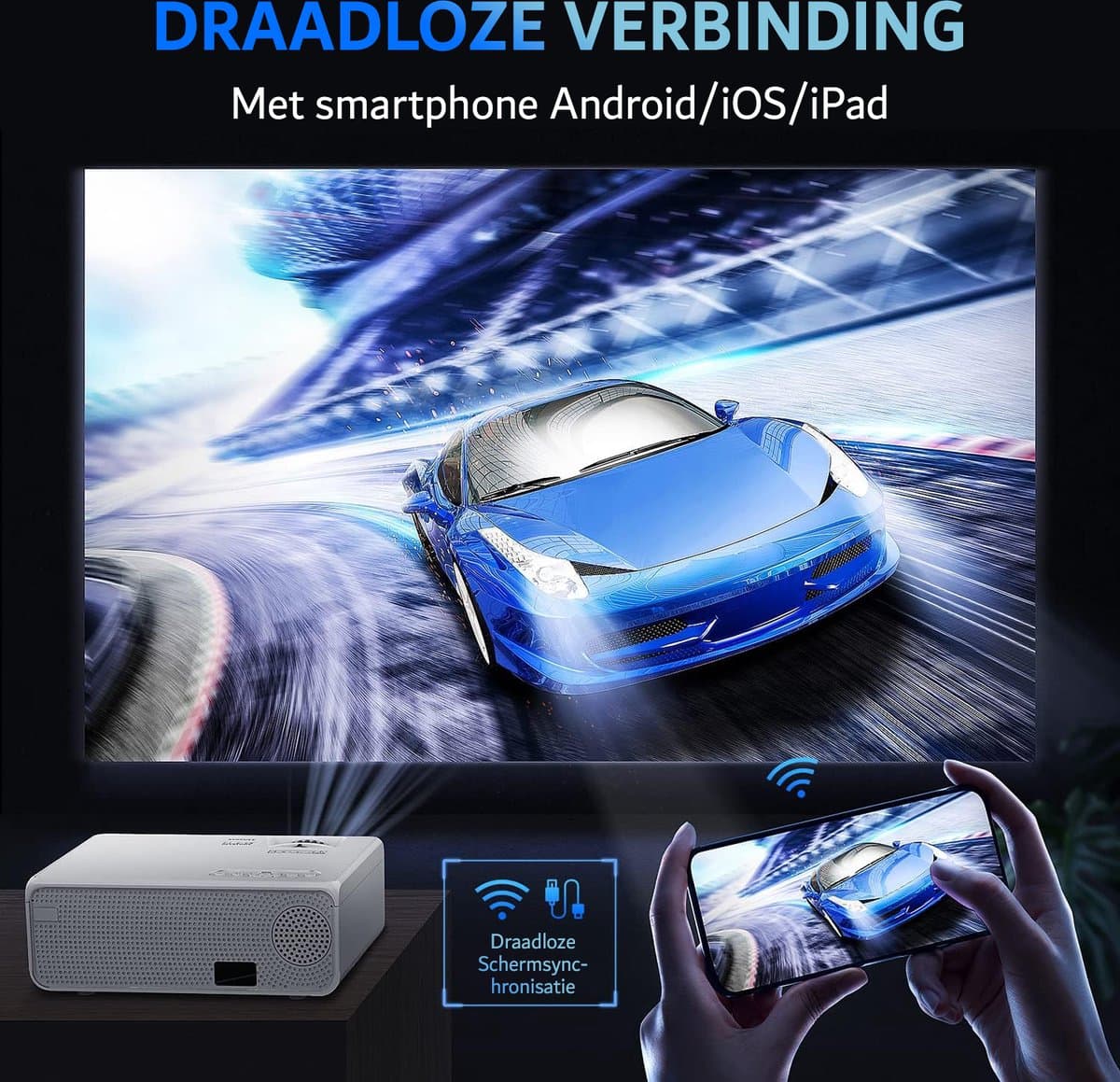 Mini Projector - Draagbaar Mini Beamer - Full HD 1920 X 1080 - 6000 lumen - 5000:1 Contrast - Met Ingebouwde Stereo Luidsprekers - Wifi, Bluetooth - TV Stick, TV Box, HDMI, USB, TF/SD Kaart, VGA, AV - 15,5 x 21 x 7 cm - Wit — afbeelding 1