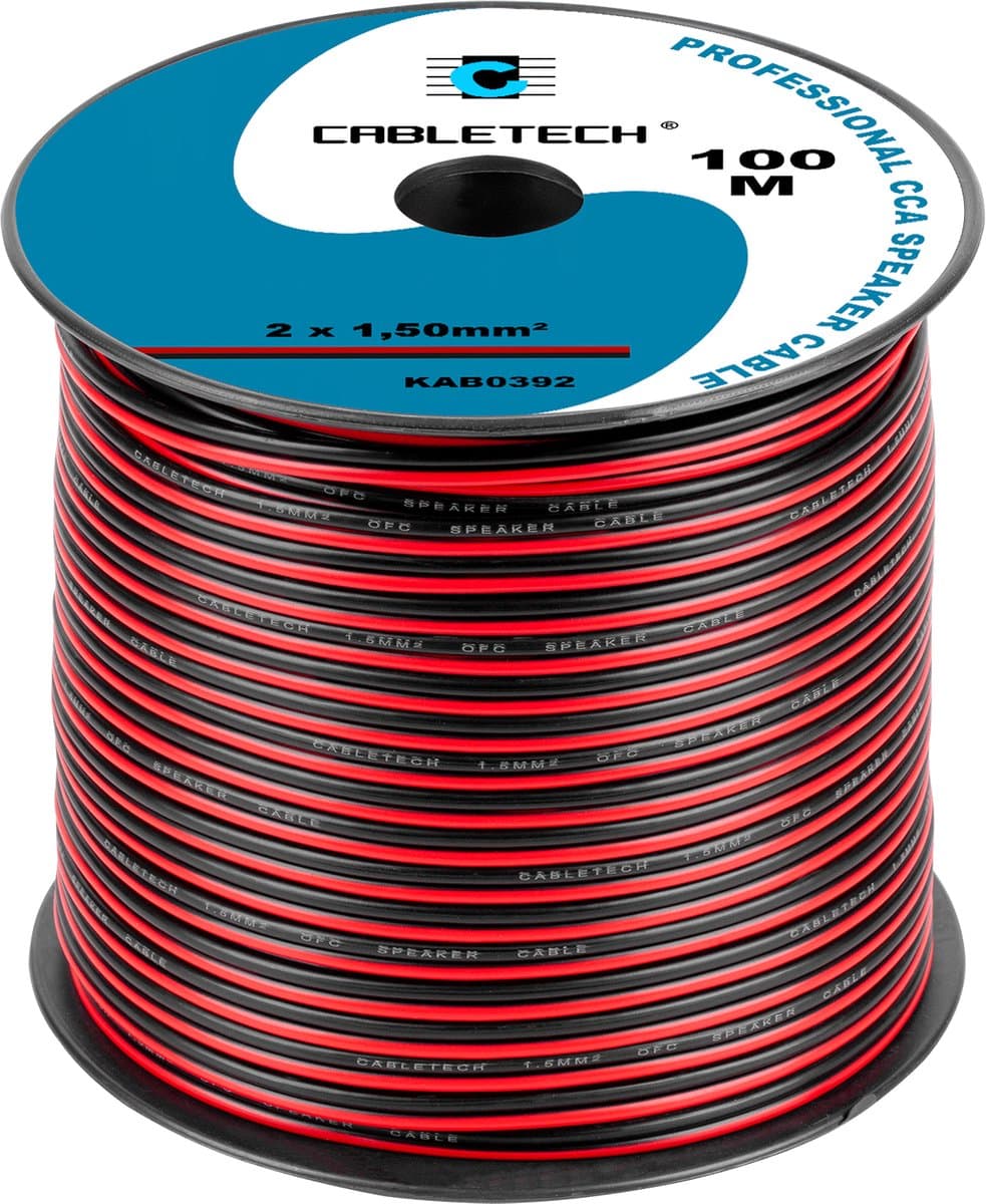 Cabletech - Speaker kabel luidsprekersnoer CCA rood / zwart 2x 1.5mm Haspel 100m — afbeelding 1