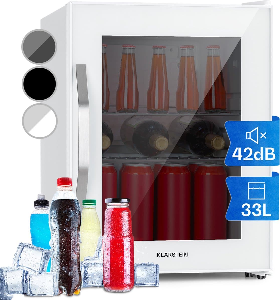 Klarstein Drankkoeler minikoelkast met glazen deur, minikoelkast voor op de kamer, kleine met verstelbare schappen, kleine koelkast van 33 liter, stille koelkast voor binnen en buiten - Drankenkoelkast - Touch - Wit - Drankkoelkast — afbeelding 1