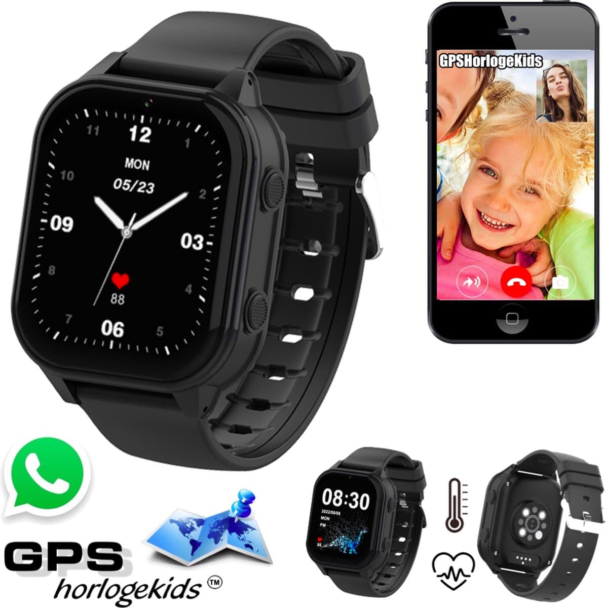 GPSHorlogeKids© - GPS horloge kind - smartwatch kinderen - WhatsApp - 4G videobellen - spatwaterdicht - SOS alarm -meting hartslag & temperatuur - incl SIM - Edge Pro Zwart — afbeelding 1