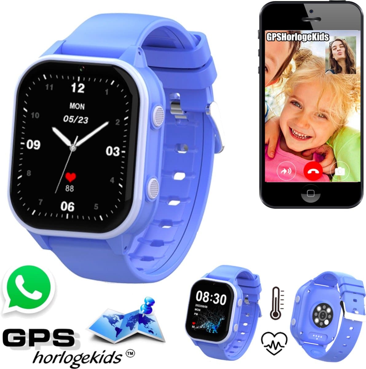 GPSHorlogeKids© - GPS horloge kind - smartwatch kinderen - WhatsApp - 4G videobellen - spatwaterdicht - SOS alarm -meting hartslag & temperatuur - incl SIM - Edge Pro Blauw — afbeelding 1