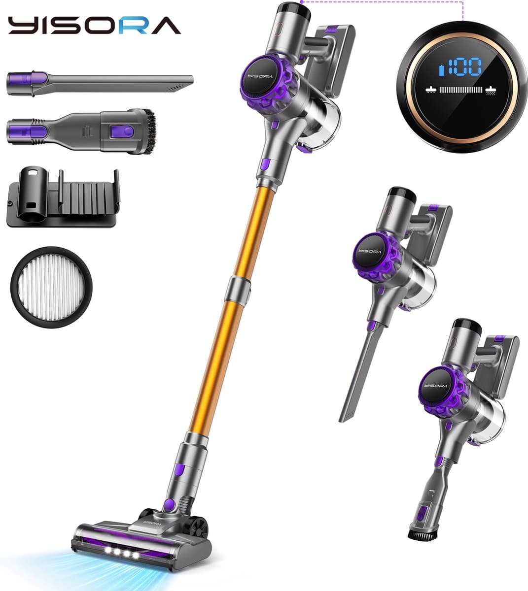YISORA S3 snoerloze steelstofzuiger, 33KPa krachtige zuigkracht, 80 minuten automatische werking,6 filterniveaus, LED-verlichting — afbeelding 1