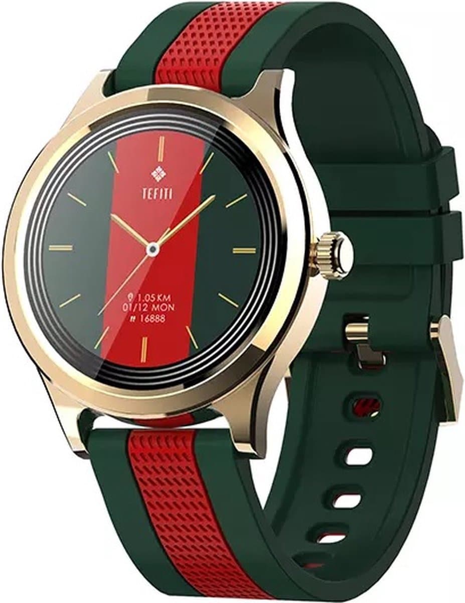 Darenci Smartwatch Majestic – Unisex Smartwatch met Touchscreen – Activity Tracker met Stappenteller, Bloeddrukmeter, Zuurstofmeter & Calorieënteller – Siliconen Band – Rood-Groen/Goud — afbeelding 1