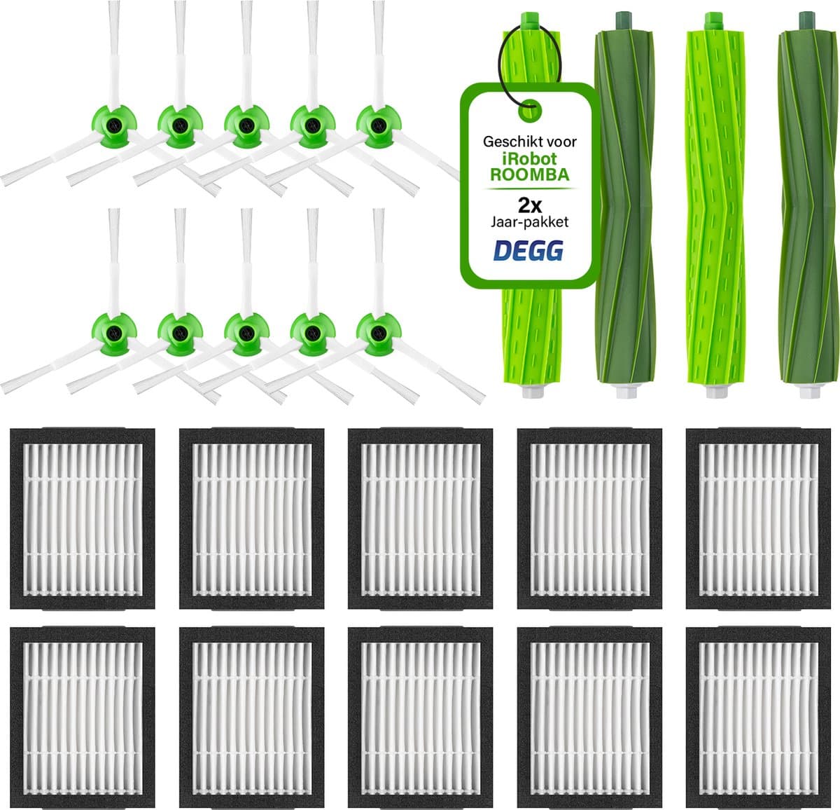 DEGG® - Onderhoudsset XL - Geschikt voor iRobot Roomba - i7 i7+ i1 i1+ i3 i3+ i4 i4+ i5 i5+ i6 i6+ i8 i8+ e5 e6 e7 - Geschikt voor iRobot Roomba Onderdelen - 4x Roller, 10x Hepa filter, 10x Spinner (zijborstel) - DUBBEL JAARPAKKET — afbeelding 1