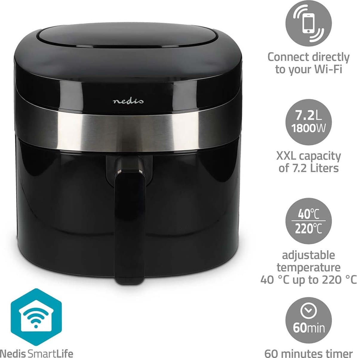 Nedis SmartLife Airfryer XXL - Wi-Fi - 7,2 l - 8 Programma's - Digitale Heteluchtfriteuse - Met App - Zwart — afbeelding 1
