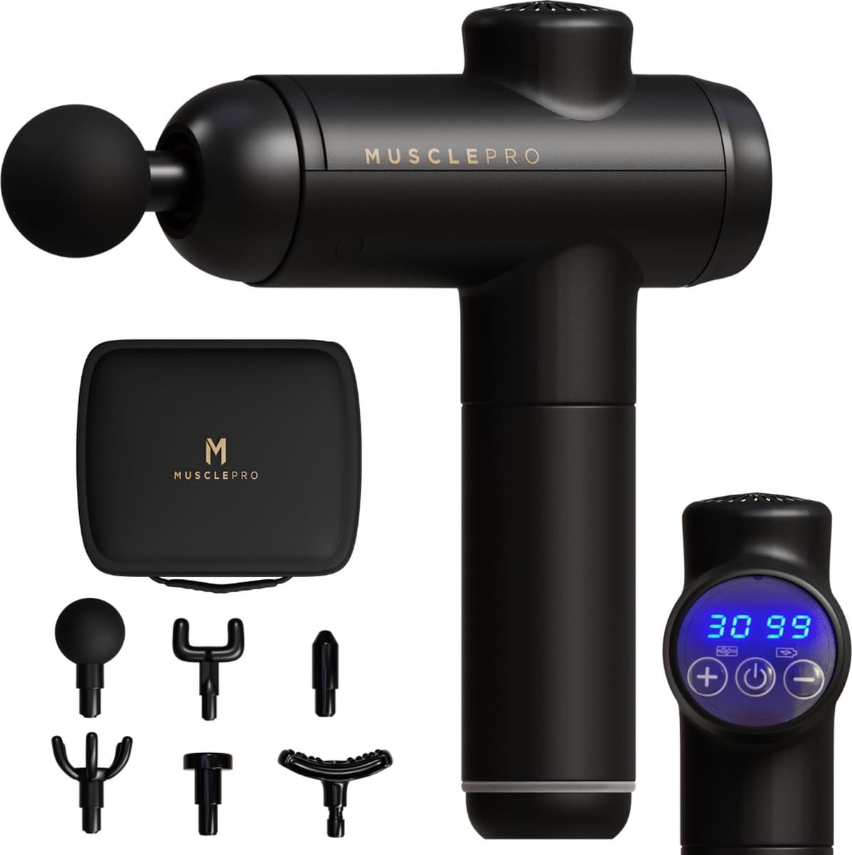 7.4V massage gun - inclusief koffer- professioneel massage apparaat - massage pistool - spier massage - sport massage - 6 mondstukken - 99 snelheden - zwart - krachtig en draadloos — afbeelding 1