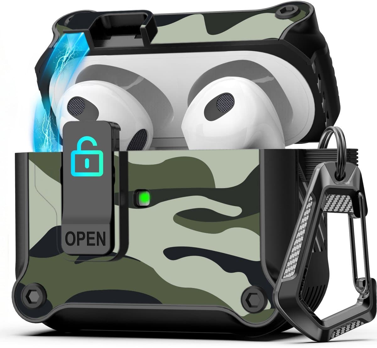 Case geschikt voor Apple AirPods 4 Hoesje - Waterdicht - 100% Shockproof Case - Vergrendelknop - Legerprint Groen — afbeelding 1