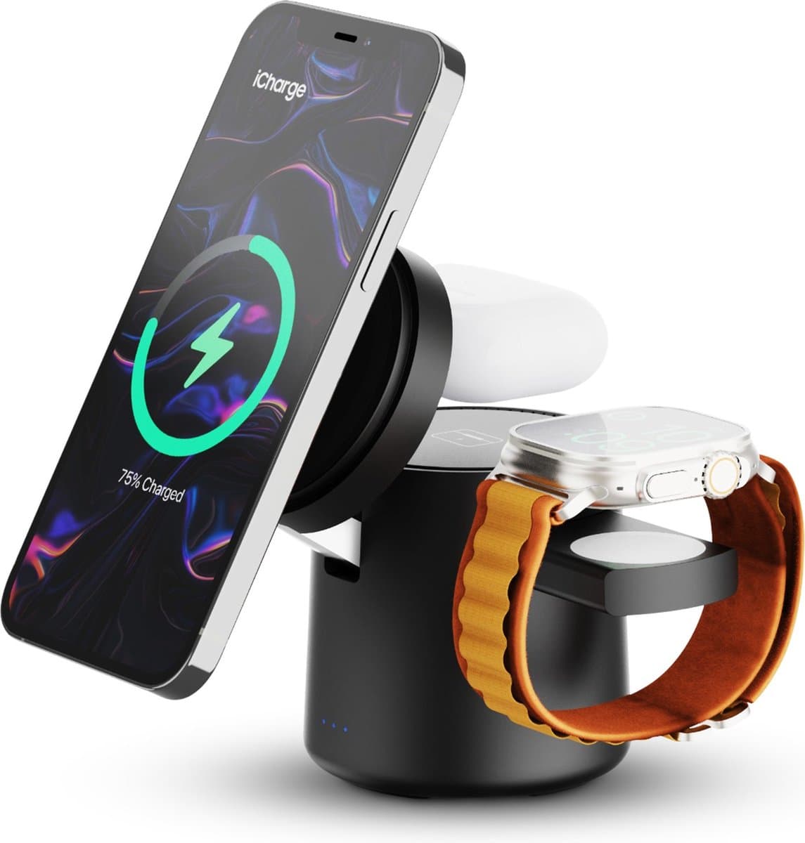 iCharge AirSlim - Qi2 Edition - 3 in 1 Magnetische Snelle Draadloze Oplader - 15W - Compact en Opvouwbaar - Voor iPhone, Apple Watch en AirPods - Zwart — afbeelding 1