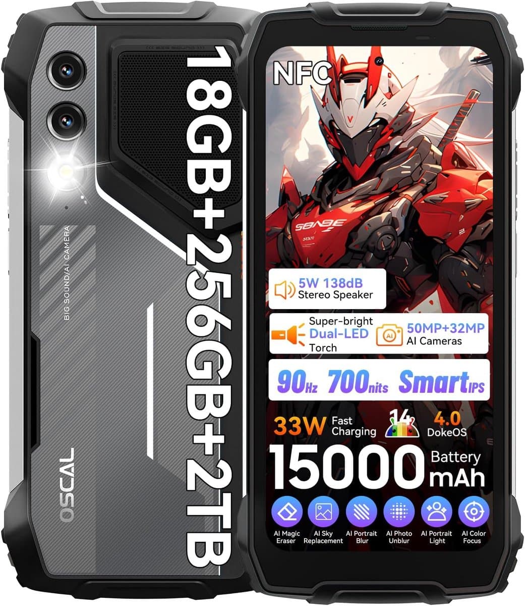 OSCAL PILOT 1 Smartphone - 6.67 Inch - 16GB RAM - 256GB ROM - 15000mAh - Onbreekbare Smartphone - 50MP+32MP - Android 14 - NFC - GPS - Zwart — afbeelding 1
