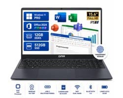 Office Laptop 15.6 Inch Full HD IPS - Intel N95 - 12GB DDR5 RAM - 512GB SSD - Windows 11 Pro - Microsoft Office 2024 - GMR Notebook voor Studie, School, Office, Internet, E-mail, Thuiswerken en Zakelijk Gebruik