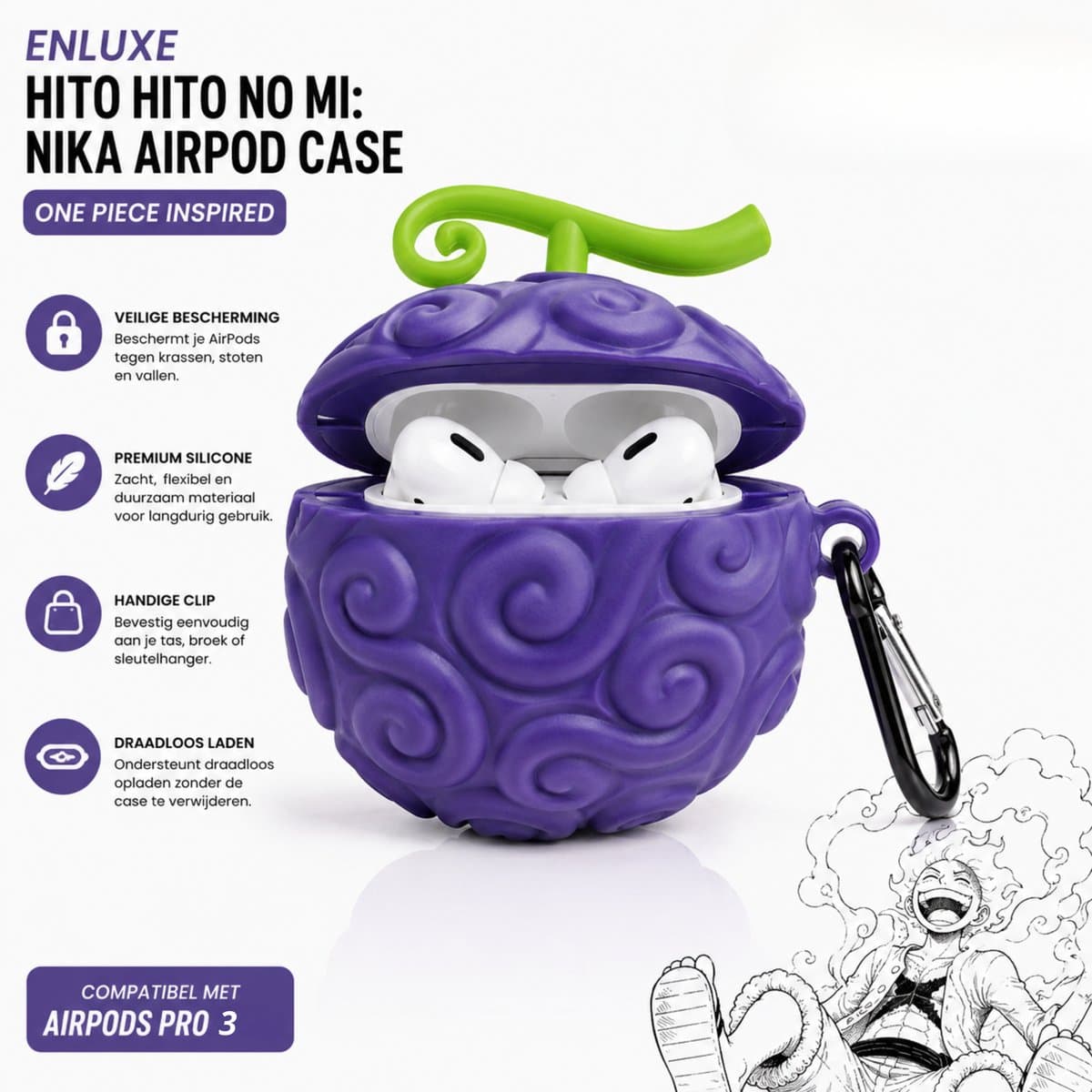Enluxe - ''Geschikt voor'' AIRPODS PRO 3 - Hito Hito no Mi: Nika AirPod Case hoesje - One Piece Inspired Devil Fruit Design - Monkey D. Luffy Anime — afbeelding 1