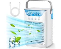 Mobiele Airco - Luchtkoeler met 700ML Watertank - USB Oplaadbare Mini Aircooler - Vernevelende Koelventilator - 3 Snelheden - Verneveling op twee niveaus - Draagbare Tafelventilator voor Thuis, Kantoor & Camping - Wit - 16.5x12.2x21.1 cm