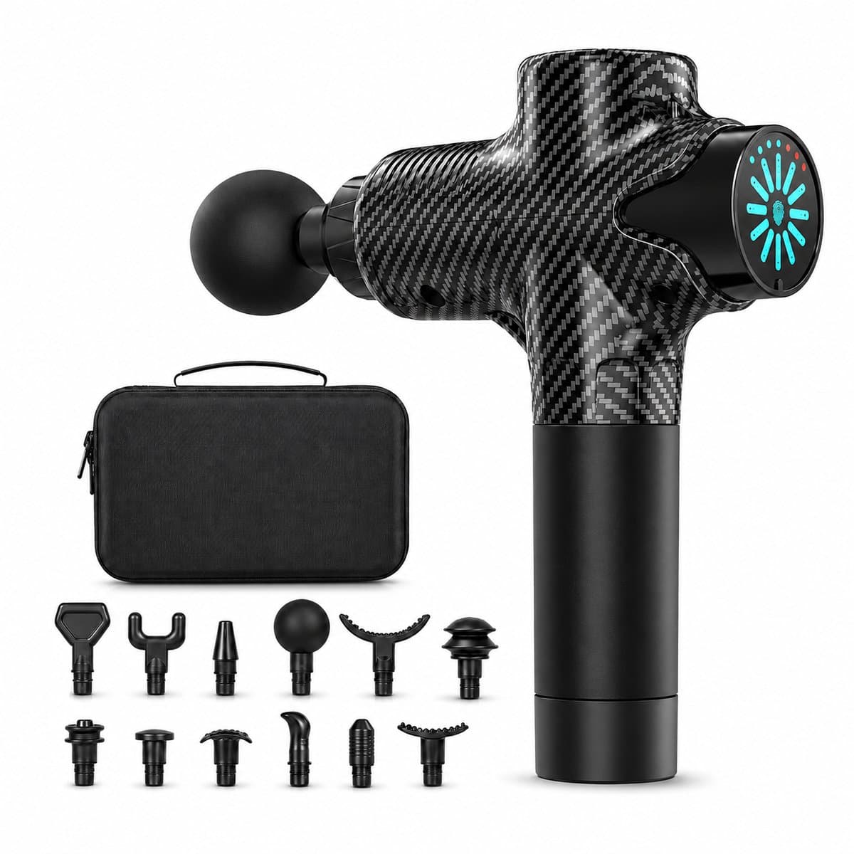Gloovon® - Massage Gun Professioneel - Premium Massage Apparaat - 25.2V - Draadloos - Inclusief Koffer en 12 Opzetstukken - Borstelloze motor - Krachtig Massage Pistool - Fitness - Koolstofvezel — afbeelding 1