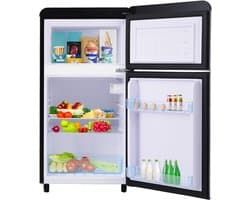 Retro Koelkast - Mini Koelkast - Koel-vriescombinatie-Dubbeldeurs Koelkast – 72L – 39dB – LED - Twee Deuren - Kantoor - 46x45x91cm- Vriezen-Zwart