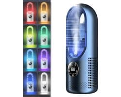 6-standen bladeloze elektrische ventilator met koelfunctie & 7-kleuren LED-verlichting – Draagbare tafelventilator met stille, krachtige luchtstroom (Blauw)
