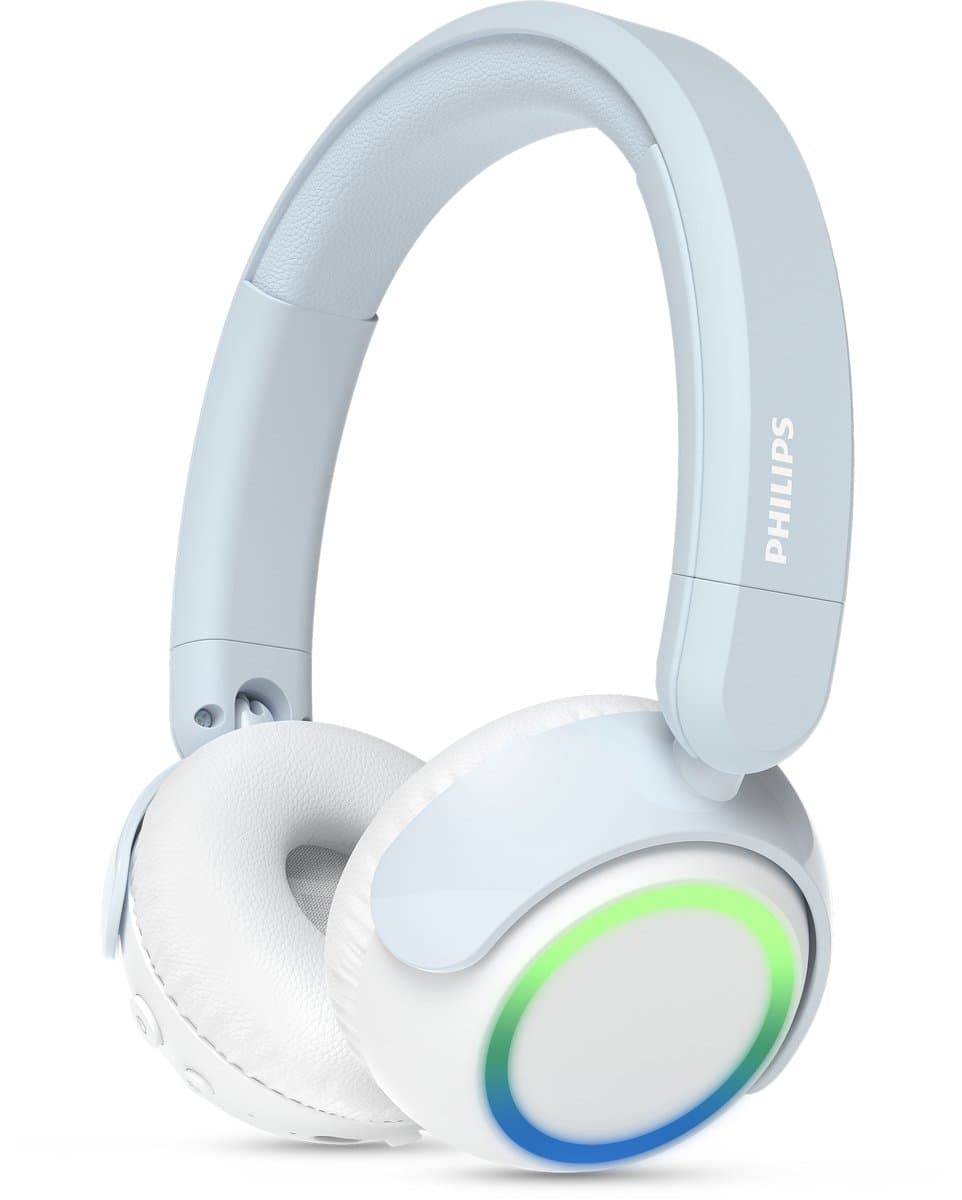PHILIPS TAK4200BL On Ear draadloze opvouwbare hoofdtelefoon voor kinderen - 45 uur afspeeltijd, beperkt volume, Audio delen, laadkabel meegeleverd - Ambiant verlichting - Licht Blauw / Wit — afbeelding 1