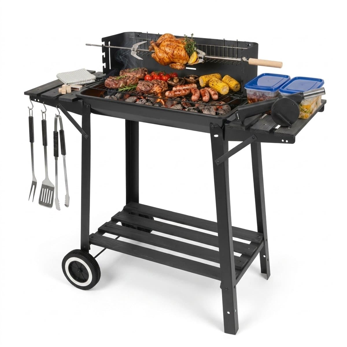 Barbecue Houtskool met Draaispit - Smoker BBQ met Warmhoudrek - Verstelbaar Kolenrooster - 49x29 cm Grilloppervlak - Zijplanken - Zwart — afbeelding 1