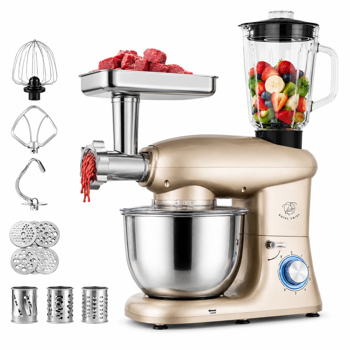 Royal Swiss® Keukenmachine – Keukenrobot 1400W – 6Liter – RVS Mengkom – 6 Snelheden met Pulse – Keukenmixer — afbeelding 1