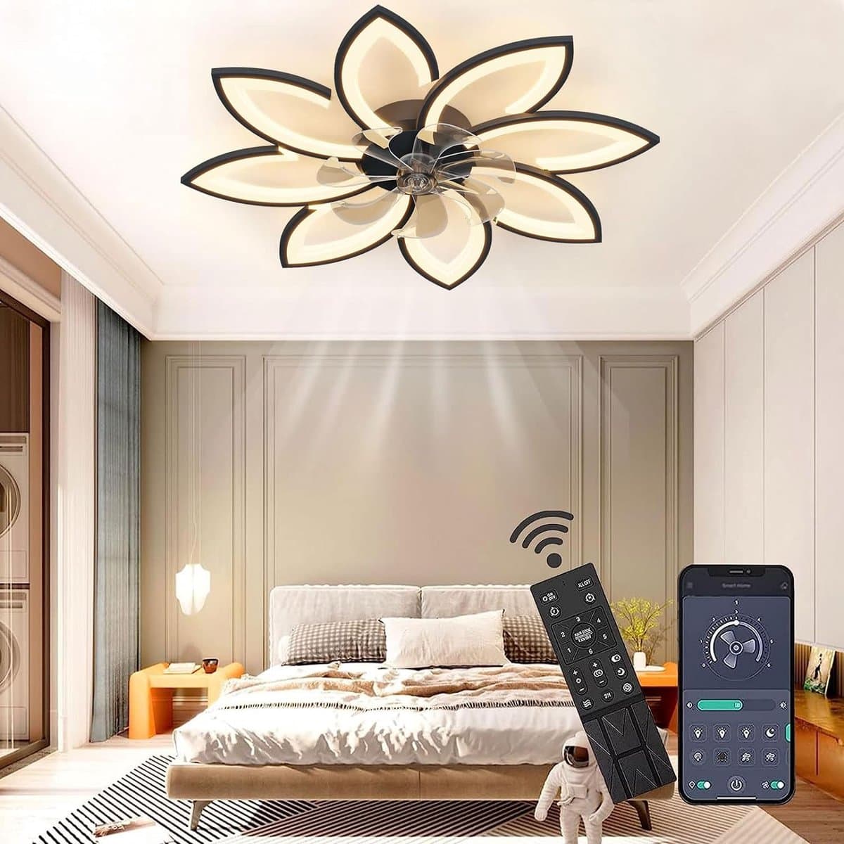 8 Bloem Ventilator Lamp - Moderne Plafondlamp Ventilator - 6 Standen - Zwart - Dimbaar - Plafondventilator — afbeelding 1