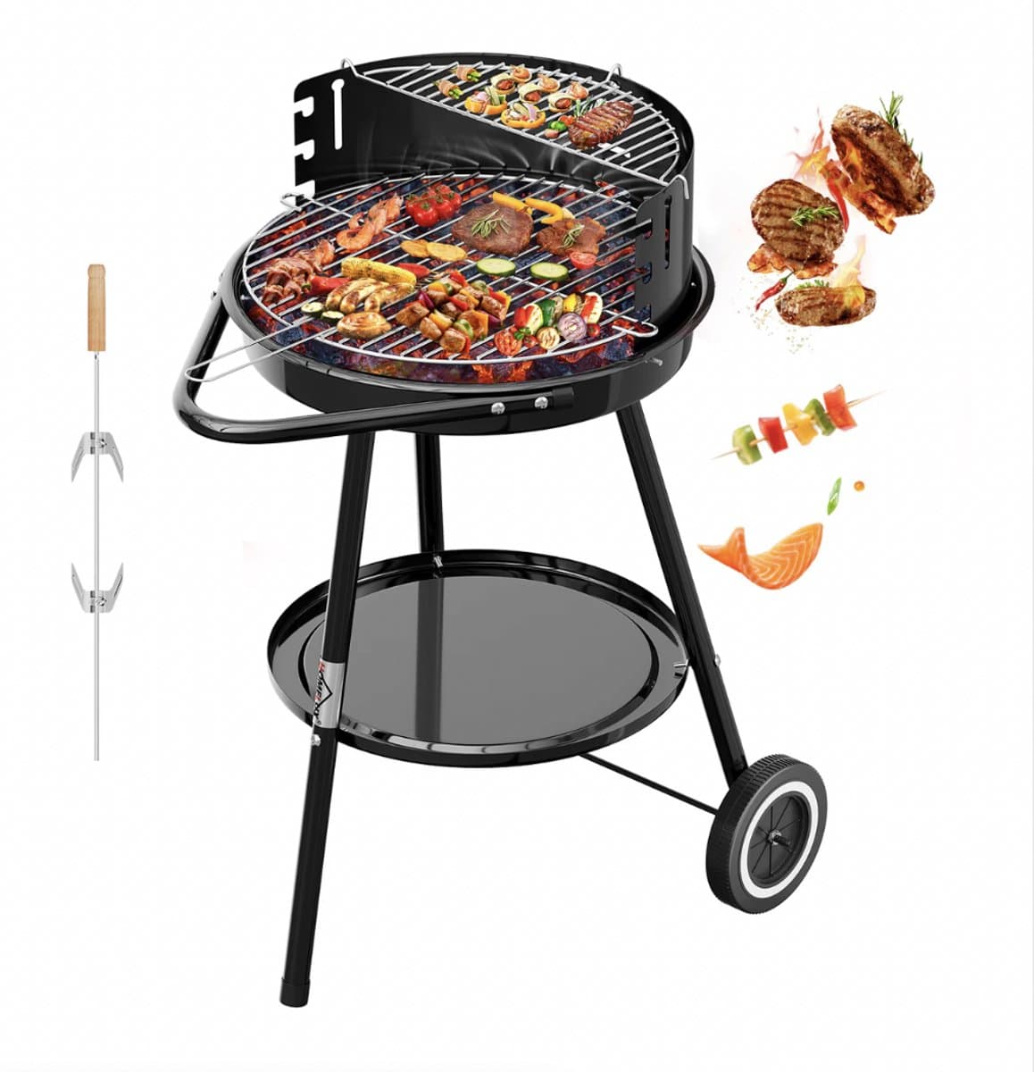 Homelux Draagbare houtskoolgrill + BBQ-spies met bevestigingsclips - Ronde grill met wielen en windscherm - BBQ - Hoogte verstelbaar - roestvrijstalen rooster voor tuin en camping — afbeelding 1