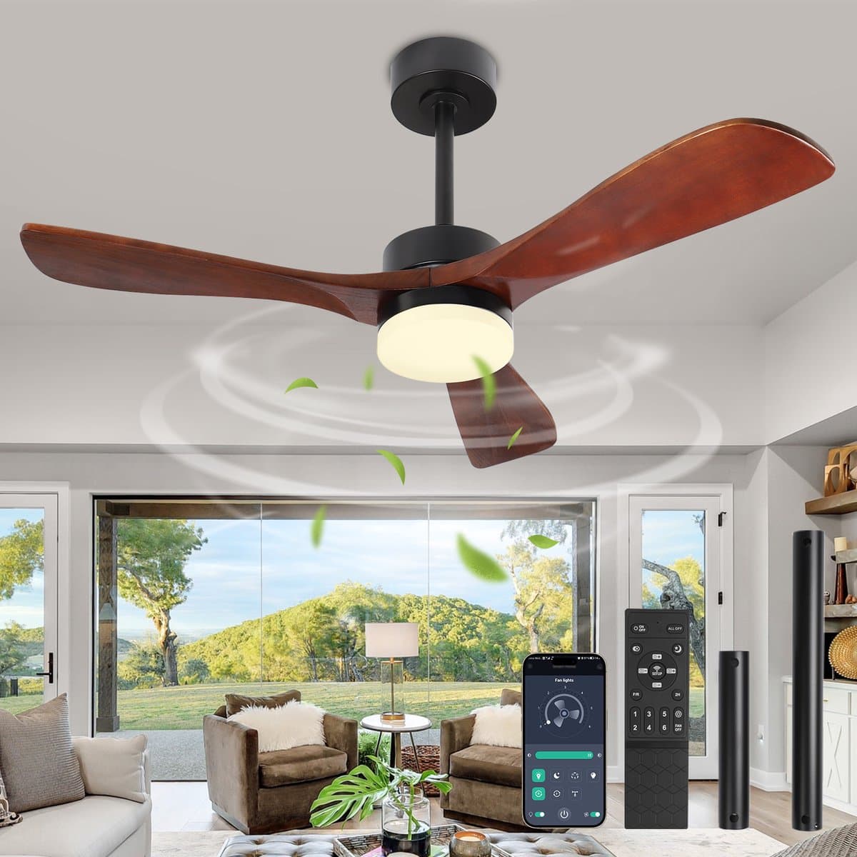Rosnek Plafondventilator met Lamp - Ventilator Plafond met Massief Houten Bladen - LED Plafondlamp Dimbaar - Afstandsbediening & App - 6 Snelheden - Stille DC Motor - Ø106cm — afbeelding 1