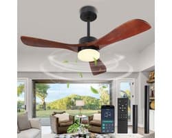 Rosnek Plafondventilator met Lamp - Ventilator Plafond met Massief Houten Bladen - LED Plafondlamp Dimbaar - Afstandsbediening & App - 6 Snelheden - Stille DC Motor - Ø106cm