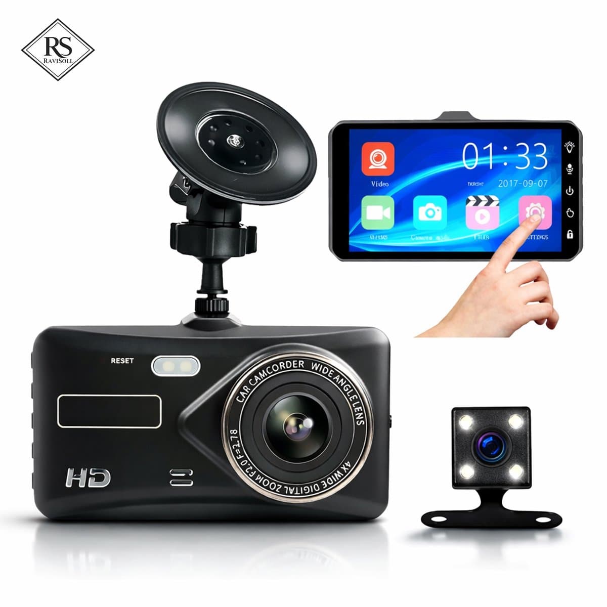 RaviSoll Dashcam Auto – Dual Dashcam Voor en Achter – Full HD Opname – 170° Groothoeklens – Parkeermodus – Nachtzicht – Eenvoudige Installatie — afbeelding 1