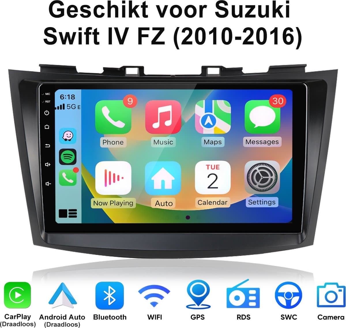 Junsun Android 15 Autoradio Geschikt voor Suzuki Swift IV FZ (2010-2017) Accessoires - 4GB+64GB - Draadloze CarPlay & Andriod Auto - GPS-navigatiesysteem - Bluetooth - Stuurwielbediening - WiFi - 9-inch Touchscreen - RDS - USB — afbeelding 1