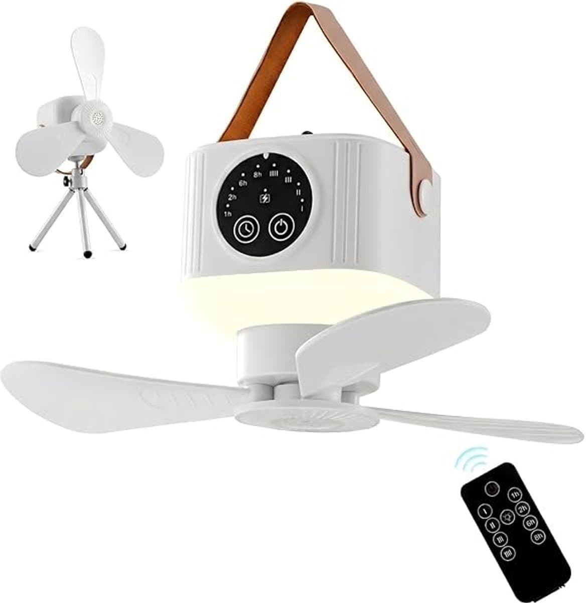 Draagbare Plafondventilator - Campingventilator Met Licht - Oplaadbare Batterij En Afstandsbediening - 360 Graden Verstelbaar - 7200 Mah Capaciteit - Inclusief Standaard En Tas - Voor Tent Camper En Buiten — afbeelding 1