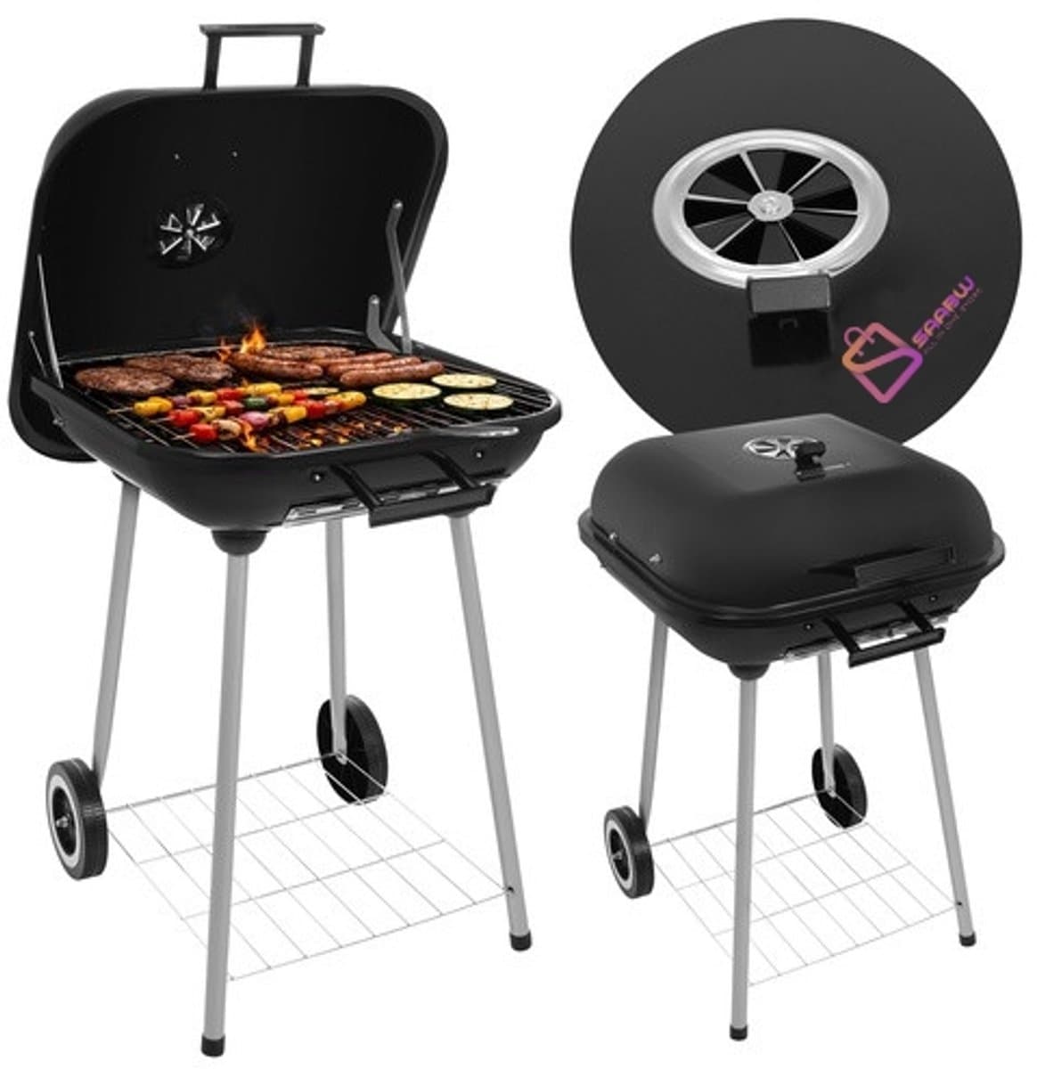 Houtskool BBQ Grill met Deksel – Tuingrill met Wielen Rooster – barbecue – bbq hoes – bbq houtskool – 43,5x38,5cm – 62569 — afbeelding 1