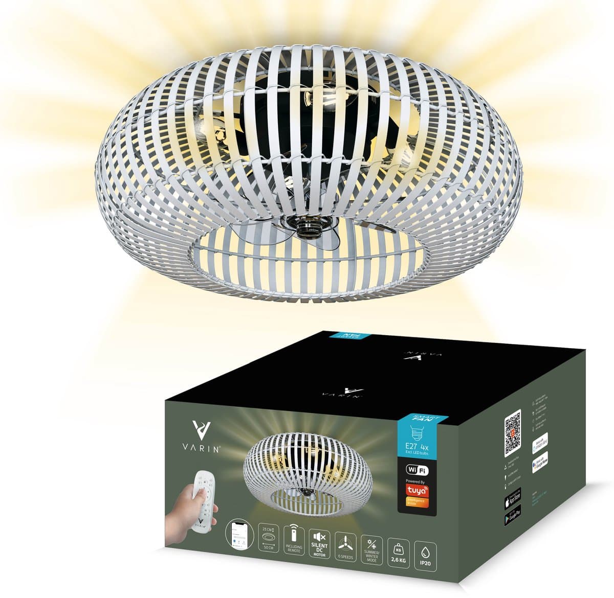 Varin® Smart Plafondlamp met ventilator - Bamboe Wit - Tuya Wifi - Ø 50cm - Plafondventilator met verlichting - Smart lamp slaapkamer - Plafonniere kinderkamer - Plafondlampen industrieel - Plafond lamp - Afstandsbediening - Plafond met ventilator — afbeelding 1