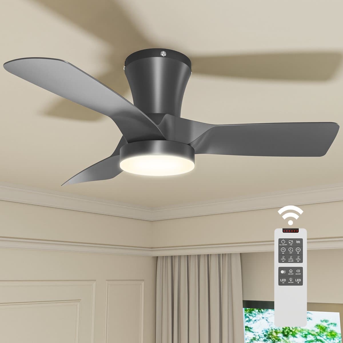 Epochglo Plafondventilator met Verlichting Klein (30"), Stille DC Motor & Afstandsbediening, 22W LED Lamp Dimbaar 3000K-6000K, 6 Standen & Timer, Zomer- en Winterstand voor Slaapkamer, Eetkamer, Woonkamer, Zwart — afbeelding 1