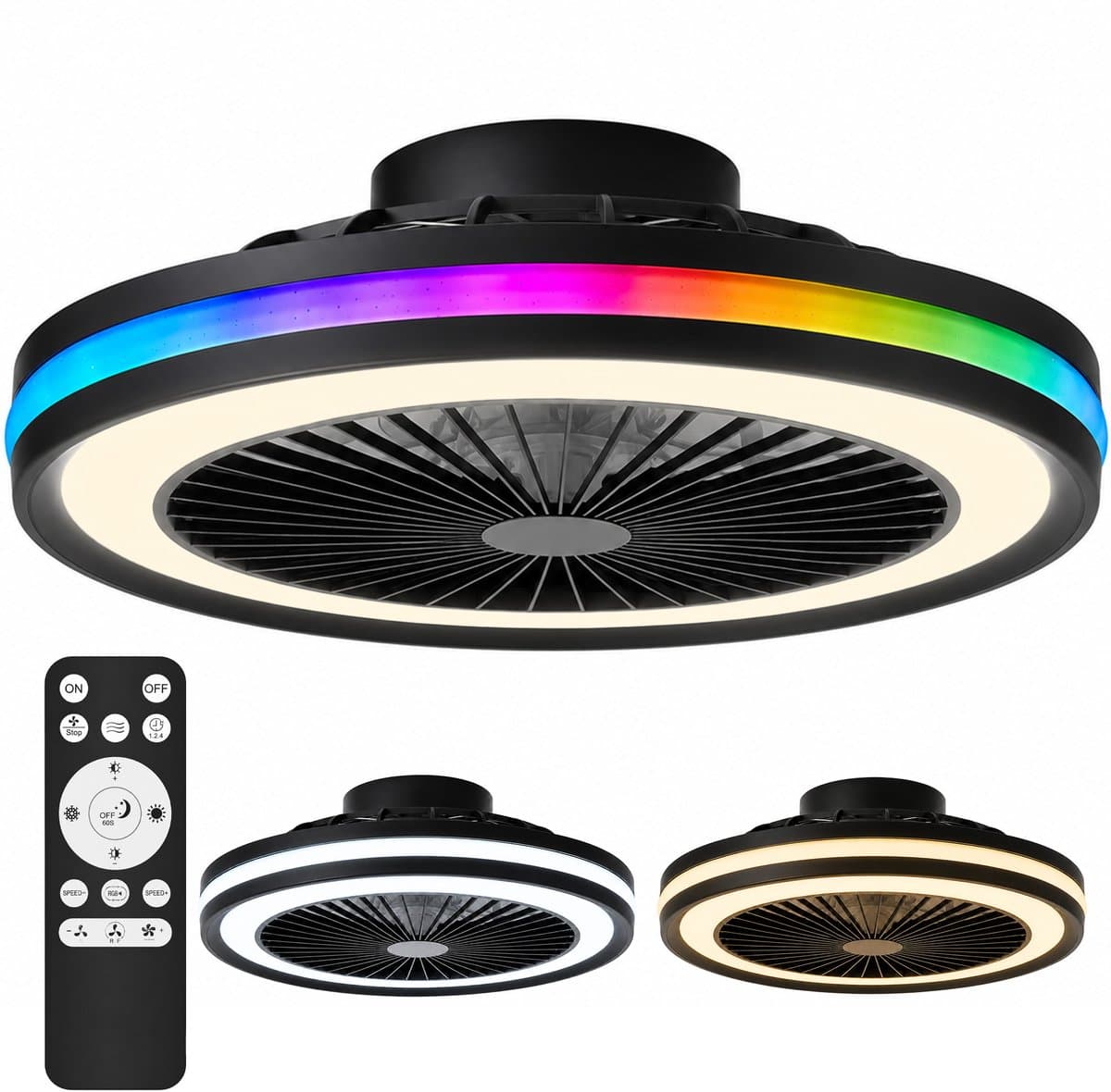 Lumirex Plafondventilator Met Verlichting - Stille Ventilator Incl. Afstandsbediening - 49cm - LED - 3000-6500K Dimbaar - ICRGB - Zwart — afbeelding 1