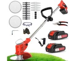 Accu grastrimmer met accu, gazonkantentrimmer met 2 accu's 21V en 4 mestypen + 1 tuinschaar, opvouwbare grasmaaier-Rood