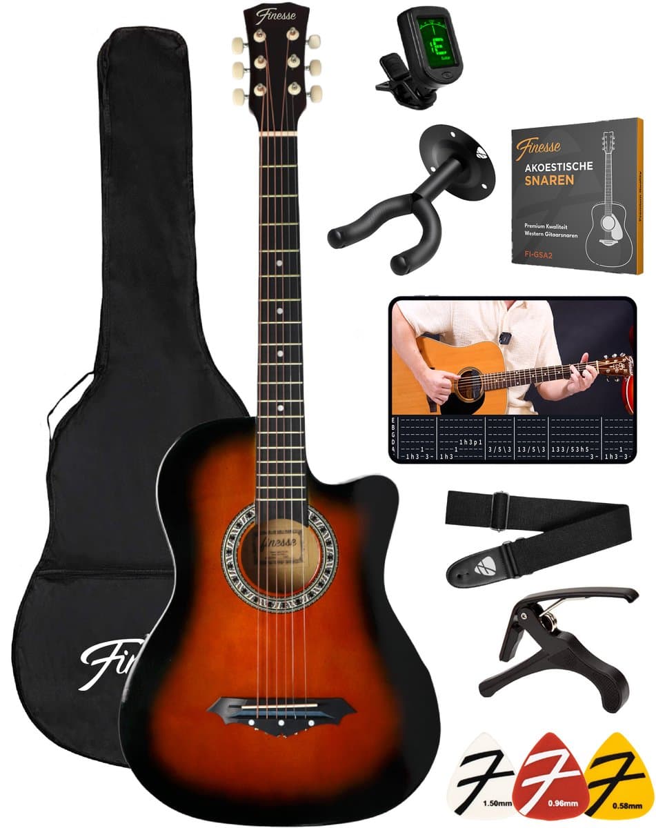 Finesse Akoestische Gitaar - met Videocursus - Western Gitaar - Gitaar Kind & Volwassenen - Sunburst — afbeelding 1