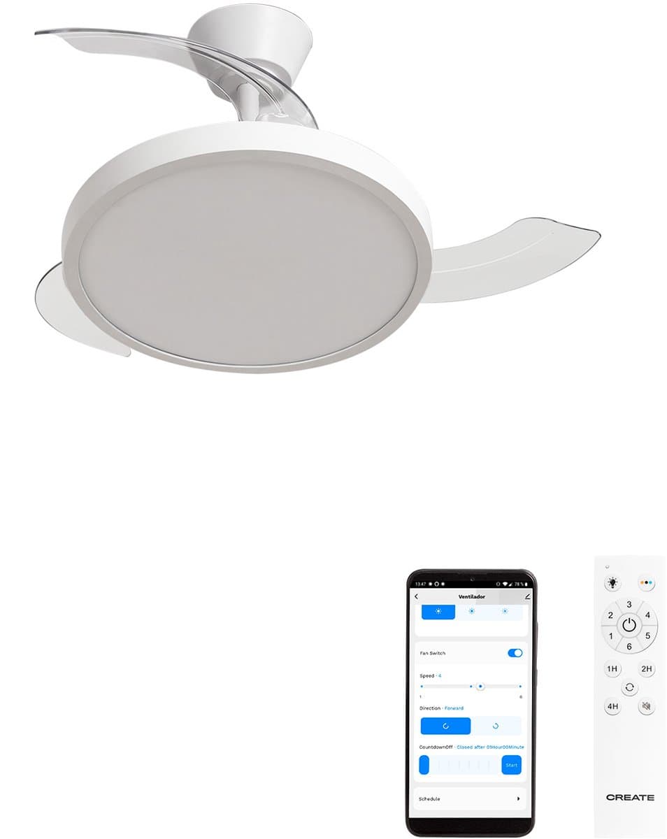CREATE - Plafondventilator 40W stil met intrekbare bladen met licht - Ø91cm - Wit - WIFI + Afstandsbediening - WIND CLEAR STUDIO — afbeelding 1